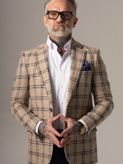 Beżowo-granatowa marynarka męska w kratę z dodatkiem lnu