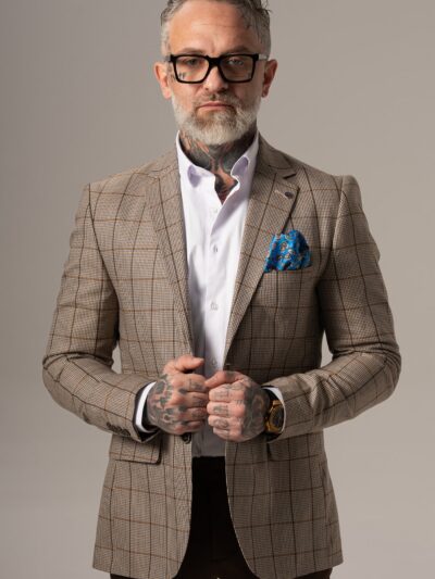 Beżowo-brązowa marynarka męska w kratę windowpane