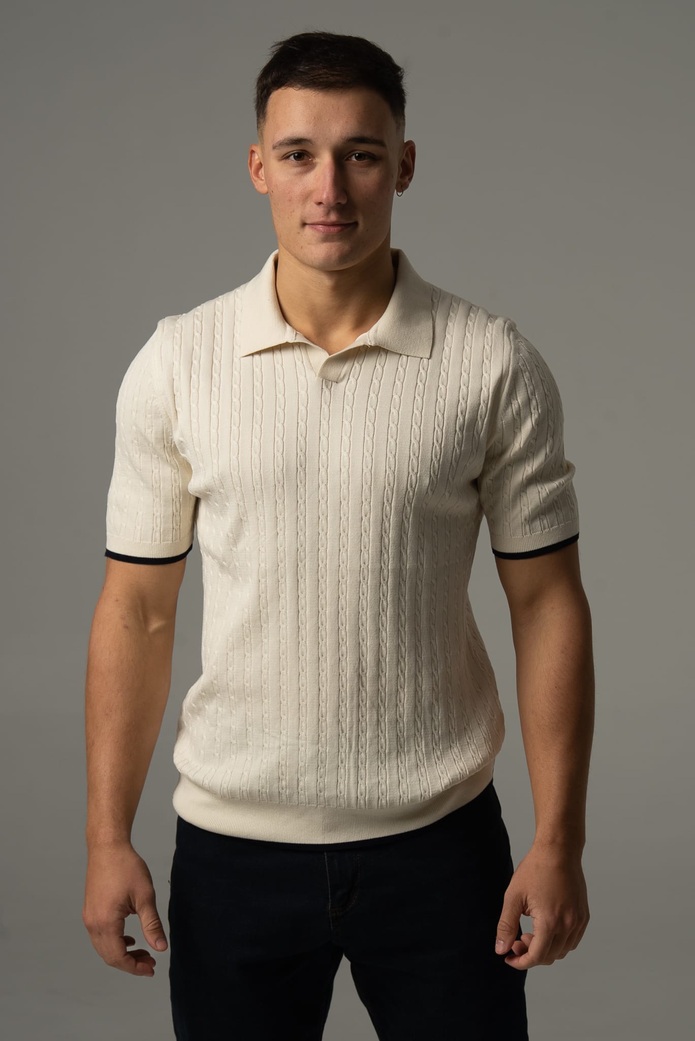 Men's light beige V-neck knit polo shirt