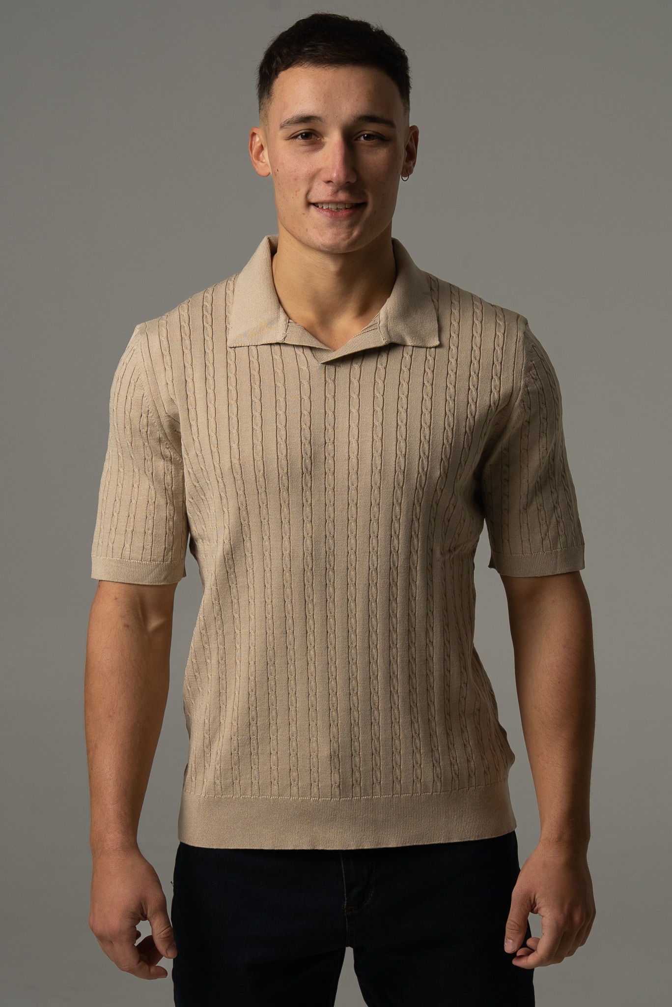 Men's beige knitted fabric V-neck polo shirt