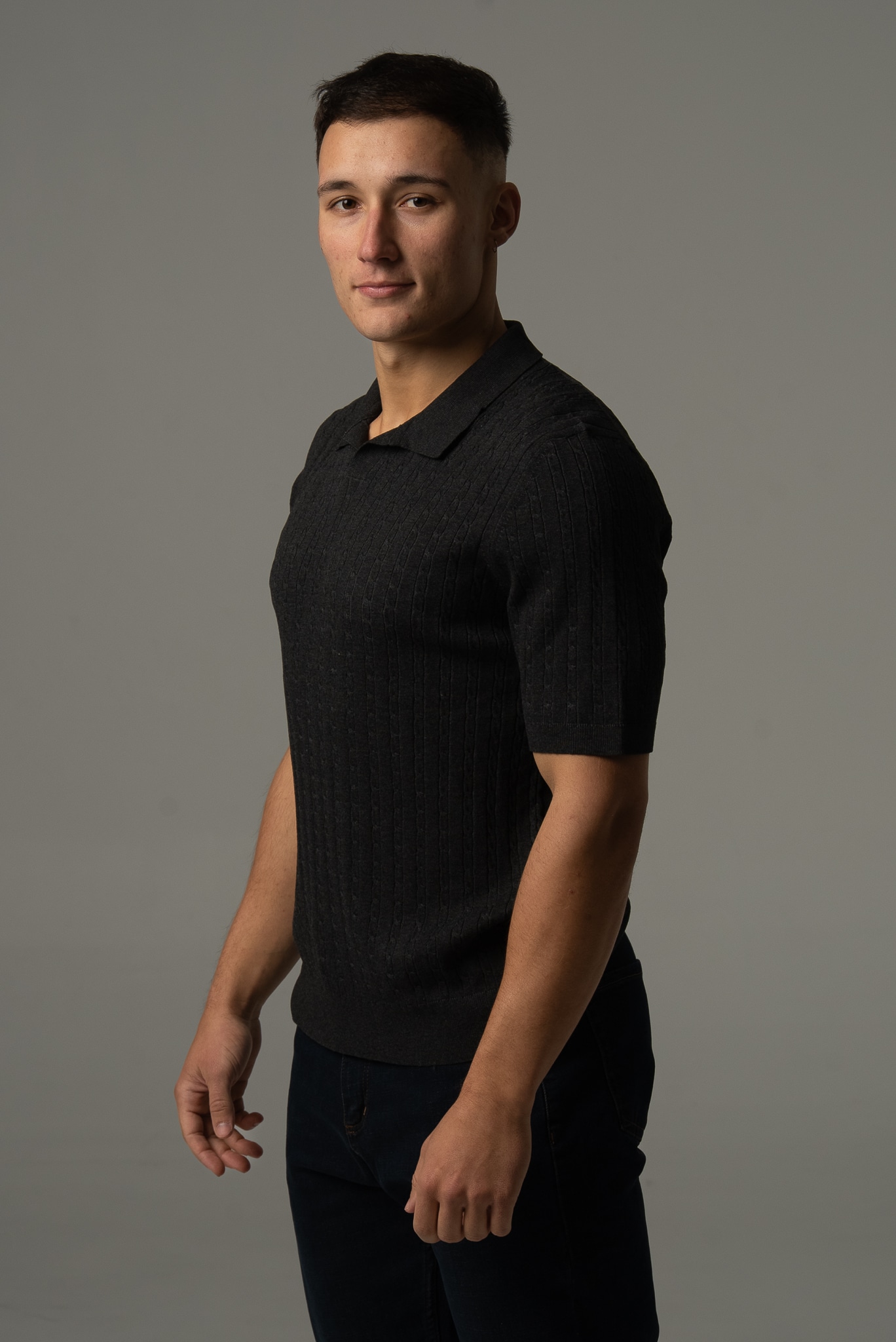 Men's black knitted V-neck polo shirt