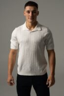 Men's white knit V-neck polo shirt
