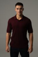 Burgundy men's knitted V-neck polo shirt