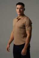 Dark beige men's polo shirt in sweater knit