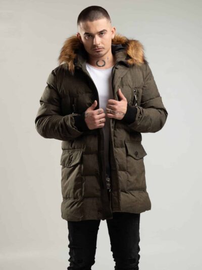 Zimowa parka męska w kolorze khaki z kapturem