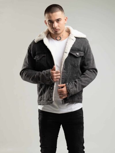 Szara jeansowa kurtka męska z futerkiem