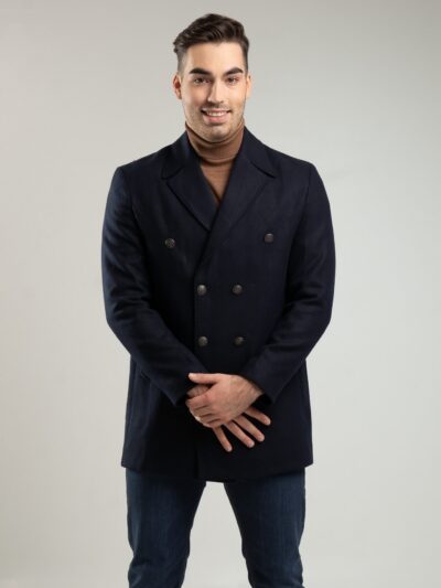 Dwurzędowy, granatowy płaszcz męski