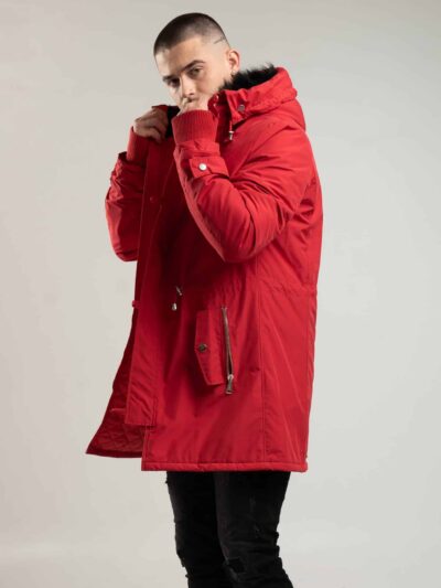 Czerwona parka męska o kroju slim-fit z kapturem