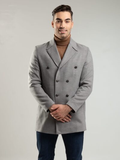Dwurzędowy, szary płaszcz męski