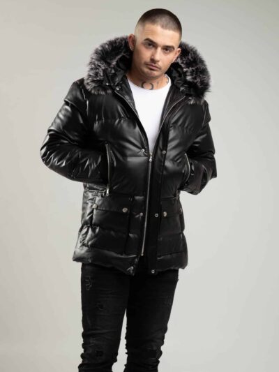 Pikowana, czarna kurtka męska typu parka z kapturem