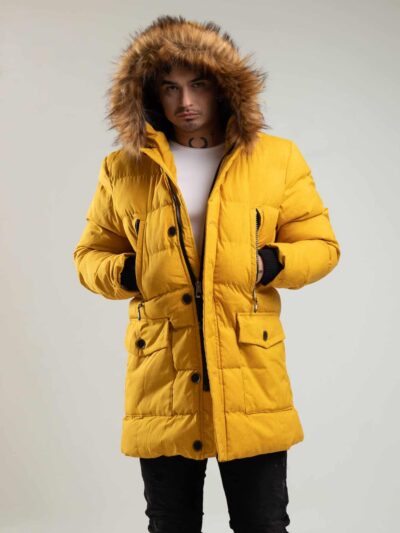 Musztardowa parka męska z kapturem