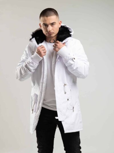 Biała parka męska o kroju slim-fit z kapturem