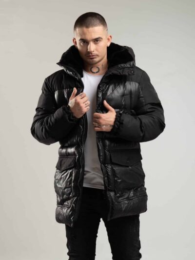 Czarna parka męska z kapturem z łączonych materiałów