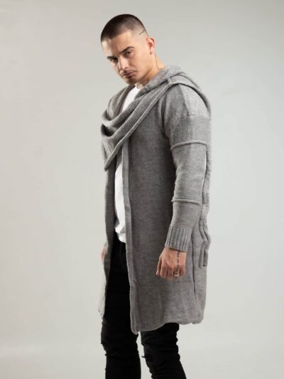 Szary kardigan męski z kapturem i szalem