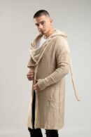 Beżowy kardigan męski z kapturem i szalem