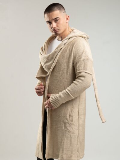 Beżowy kardigan męski z kapturem i szalem