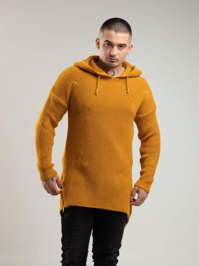 Musztardowy sweter męski z ozdobnymi zamkami