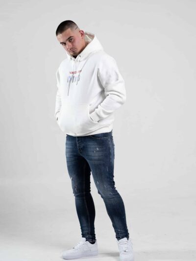 Biała bluza męska oversize z kapturem i nadrukiem