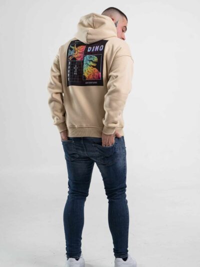 Beżowa bluza męska oversize z kapturem i nadrukiem