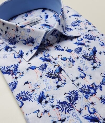Biała koszula w niebieskie flamingi