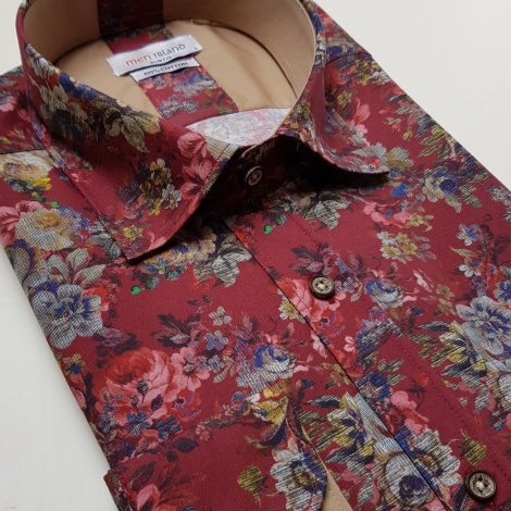 Bordowa koszula męska z deseniem w kwiaty