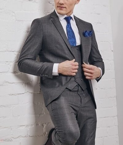 Elegancki garnitur męski w grafitowym kolorze, w kratę windowpane