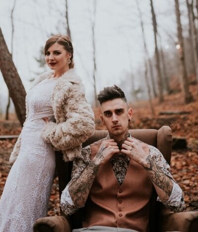 Szary garnitur męski w pomarańczową kratę glencheck