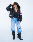 Kurtka damska jeansowa puchowa z kapturem „Denim Winter” czarna